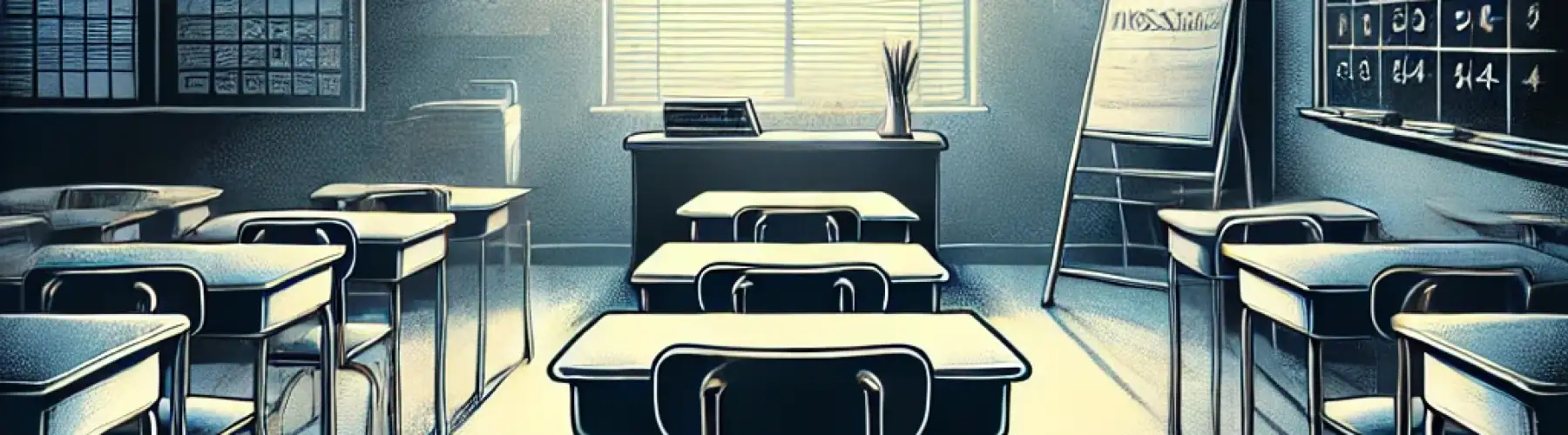DALL·E 2024-11-06 09.35.15 - A symbolic illustration representing school absenteeism, showing an empty classroom with a single, empty desk in the foreground. The classroom has dim